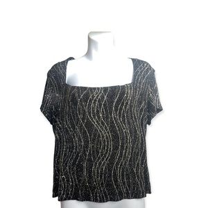DRESSBARN Black Scoop Neck Glitter Cropped Blouse Women's Sparkly Party top